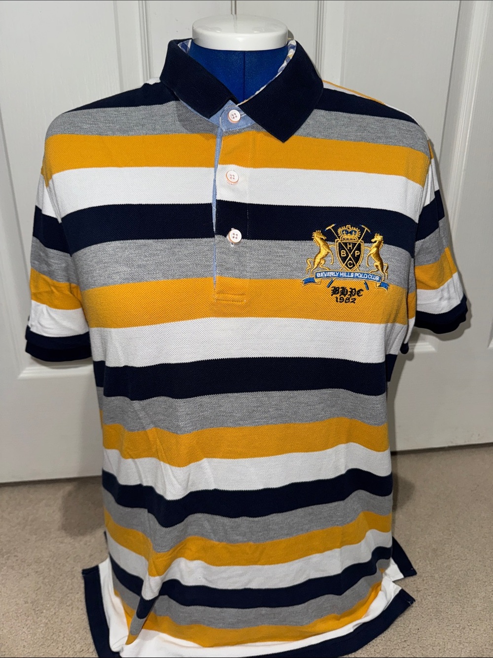 Beverly Hills Polo Club Striped Crest Polo Shirt Vintage Style